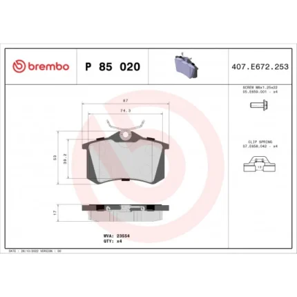Brake Pad Set, disc brake BREMBO P 85 020